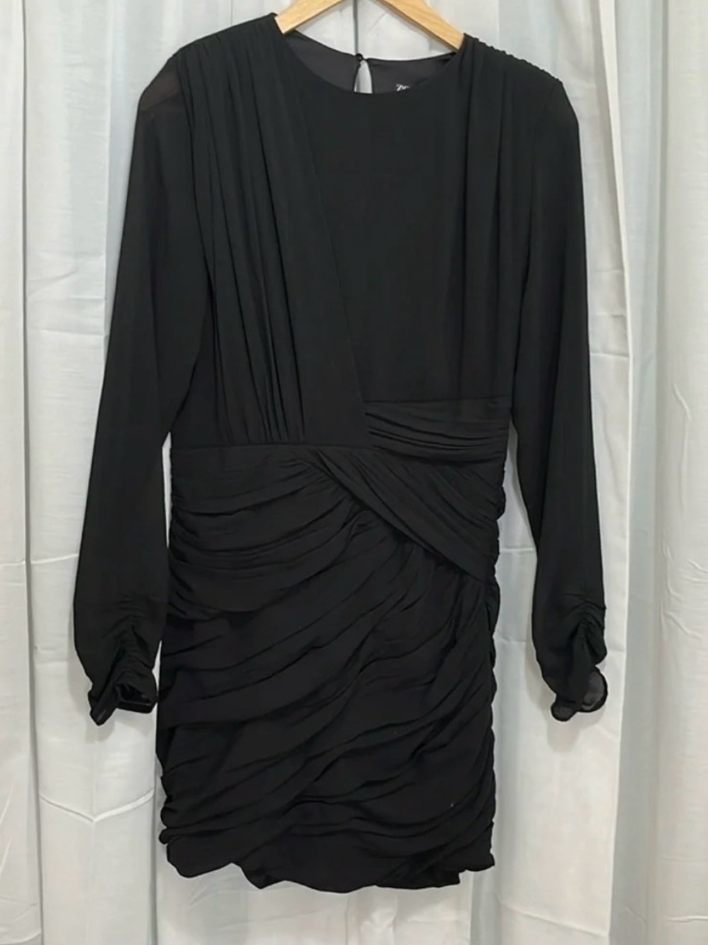 Zara Black Long-Sleeve Ruched Cocktail Dress
